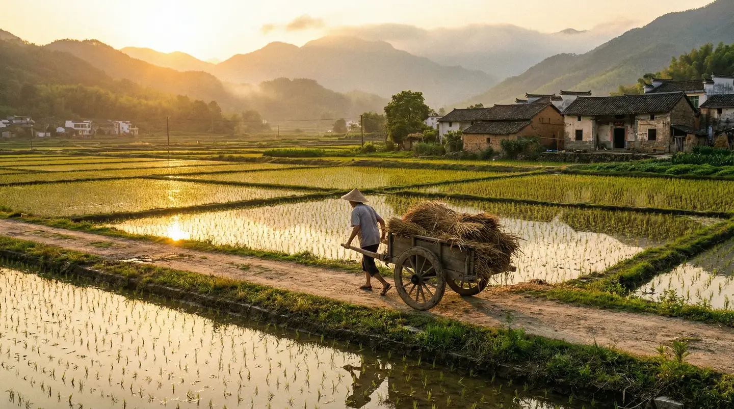 老汉推车| - 金色夕阳下的乡村田野，老农推着木车行走在田埂上