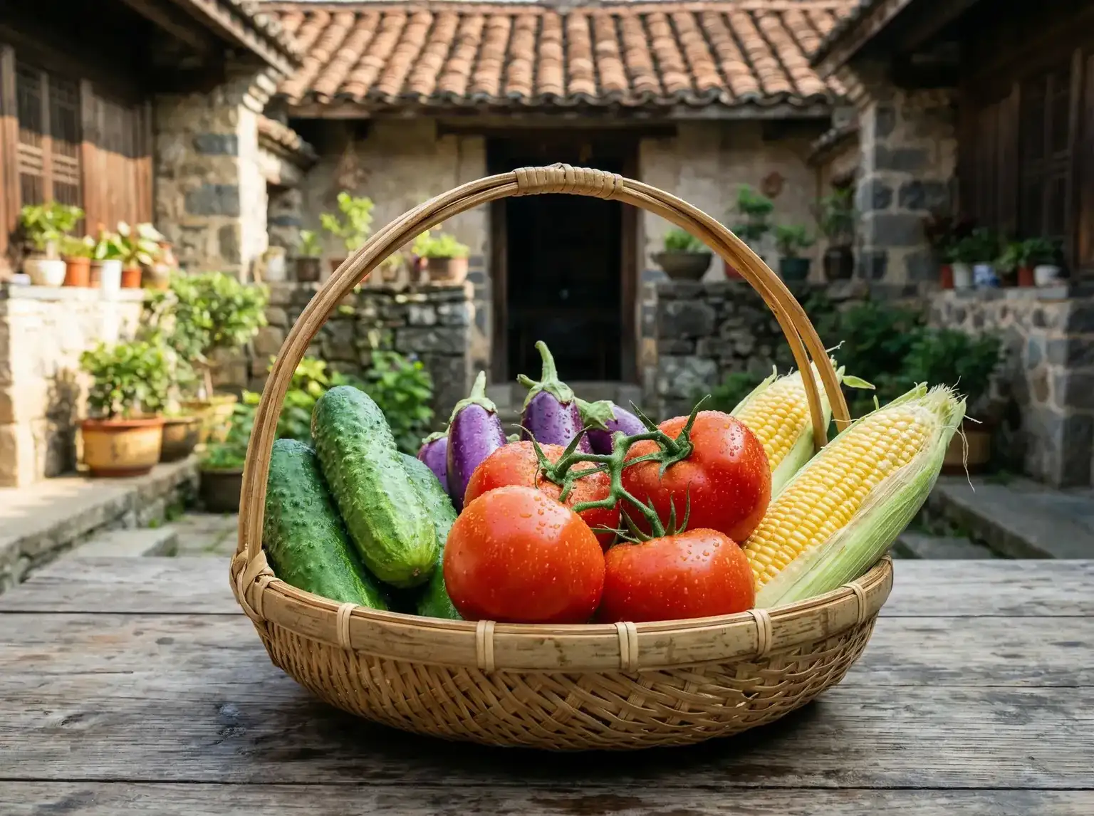 竹篮里的新鲜蔬菜番茄黄瓜玉米 - 老汉推车| 有机蔬菜