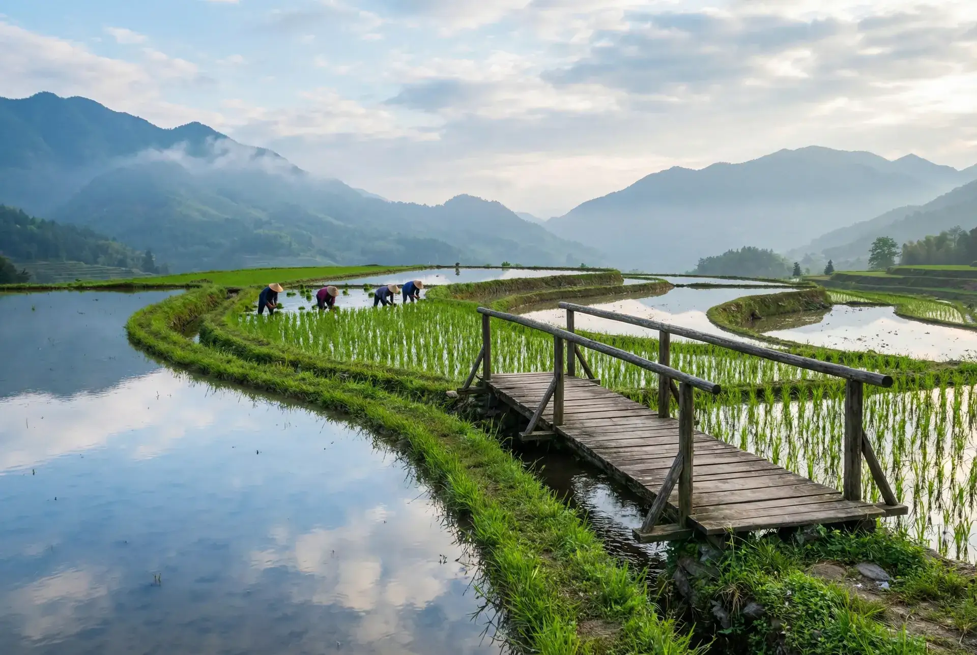 层叠梯田倒映天光，农人在水田间劳作 - 老汉推车| 田园风光