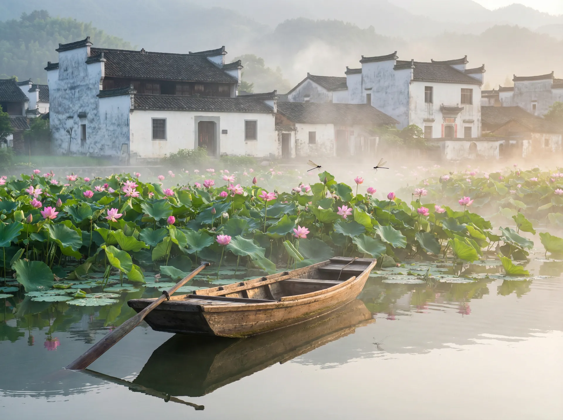 清晨荷塘小舟，粉色荷花盛开，白墙黑瓦的村庄 - 老汉推车| 水乡风情