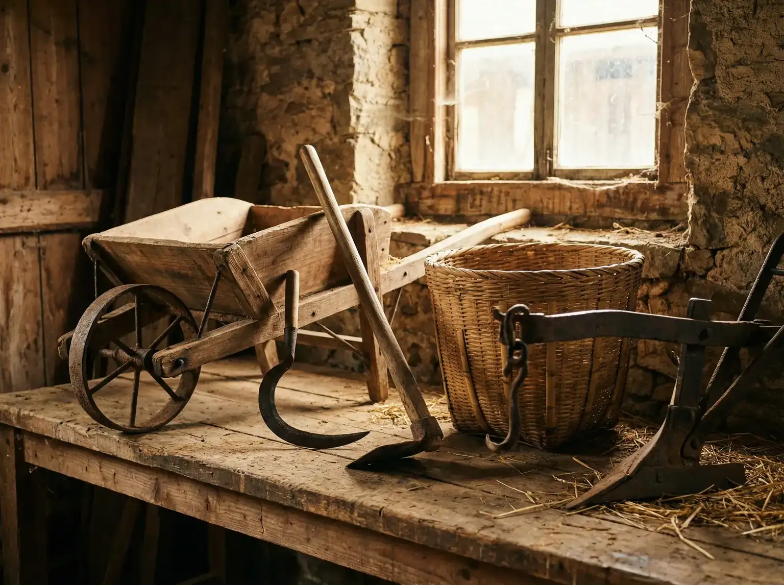 传统农具陈列在木质工作台上 - 老汉推车| 农具评测